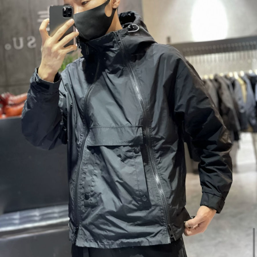 秋季新款潮牌斜拉链连帽外套男韩版潮流休闲工装夹克男套头上衣男