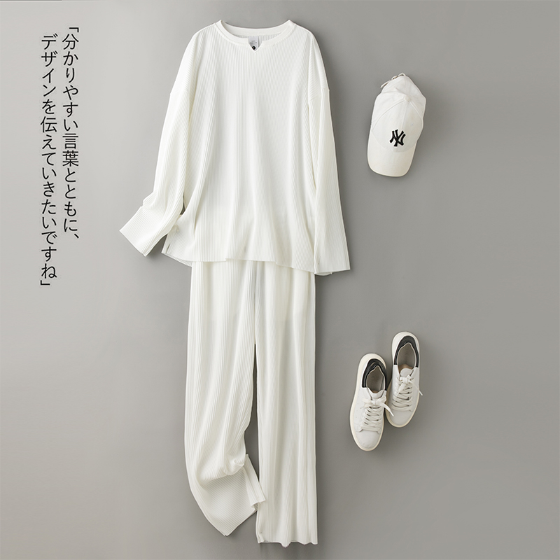 日系针织高弹褶皱垂感时尚长裤两件套男士2022春夏休闲运动套装潮