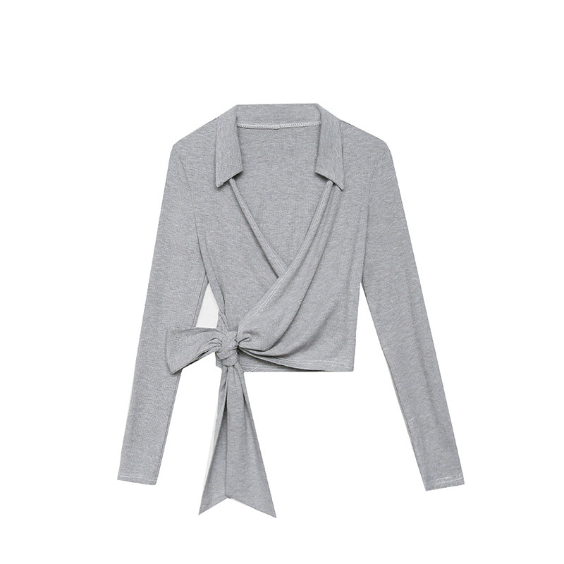 交叉v领系带t恤女长袖春秋设计感小众短款上衣性感紧身高腰打底衫