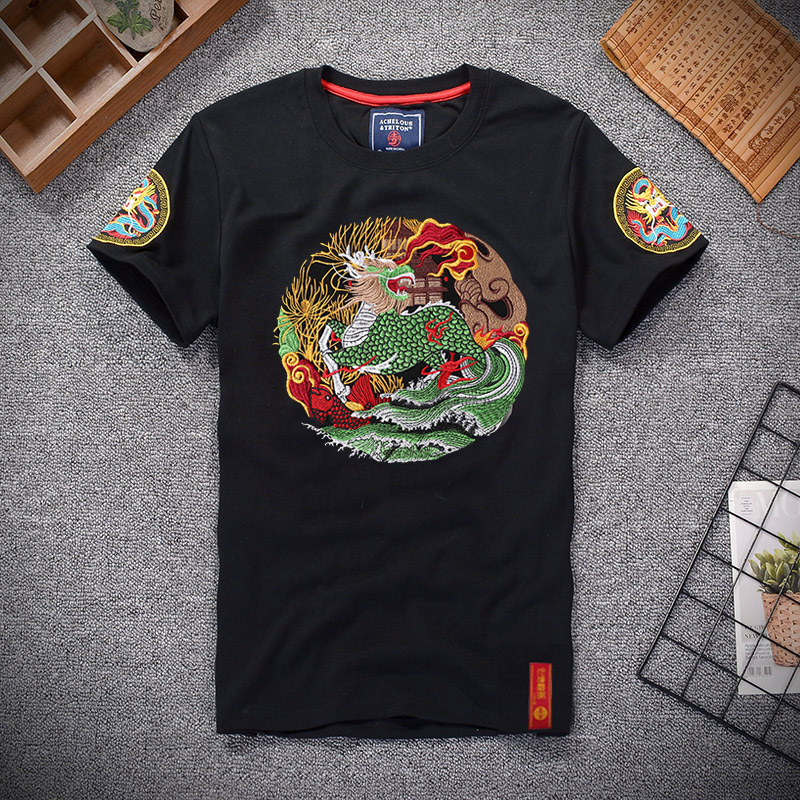 新款复古中国风男装麒麟刺绣短袖T恤 夏季男士半袖上衣大码衣服潮