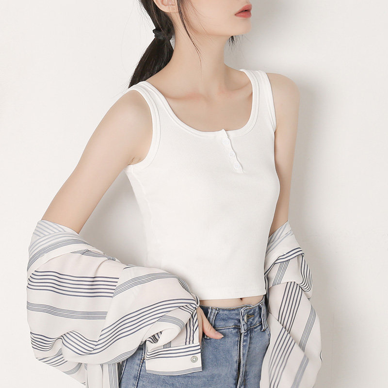 吊带背心女内白色打底内搭夏季修身方领纽扣背心吊带