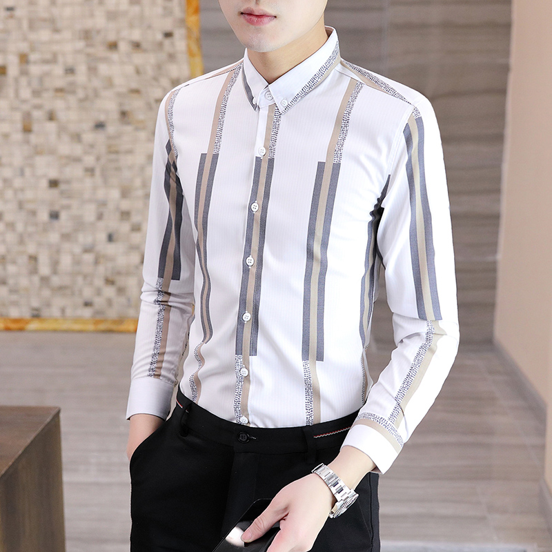 衬衫男长袖春季潮流雅痞修身条纹寸衫男士韩版商务休闲帅气白衬衣