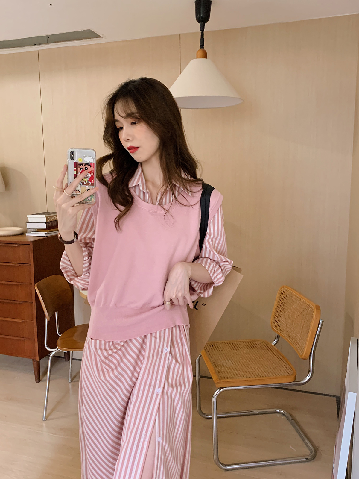 安璃马甲开拍衬衫条纹圆领anli少女粉色韩系时尚套装