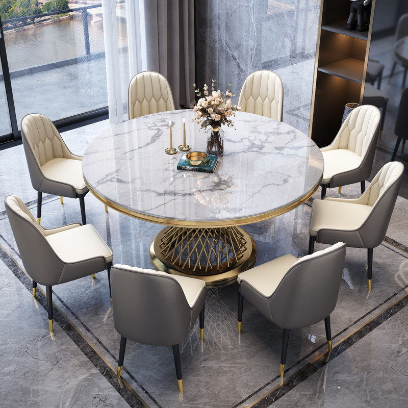 简约轻奢后现代圆形高档餐桌桌椅组合家用小户大理石餐桌