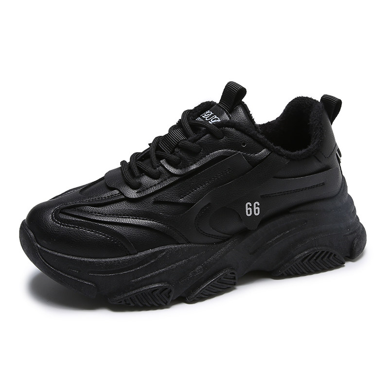 老爹鞋女ins黑色皮面运动鞋厚底防水防滑不累时尚休闲鞋