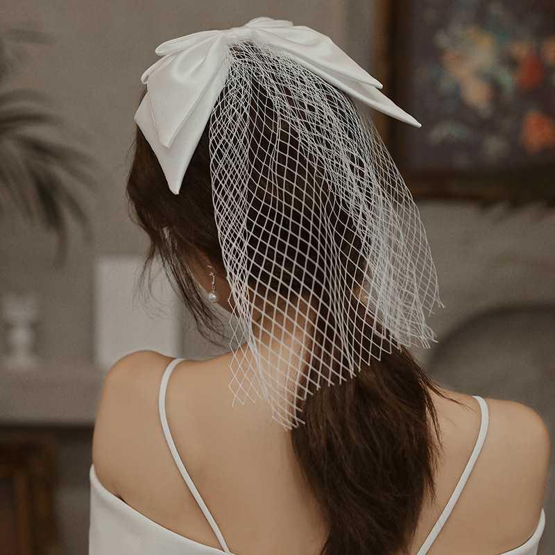 新娘头纱双层缎面绑带蝴蝶结网格菱形纱头头饰头纱