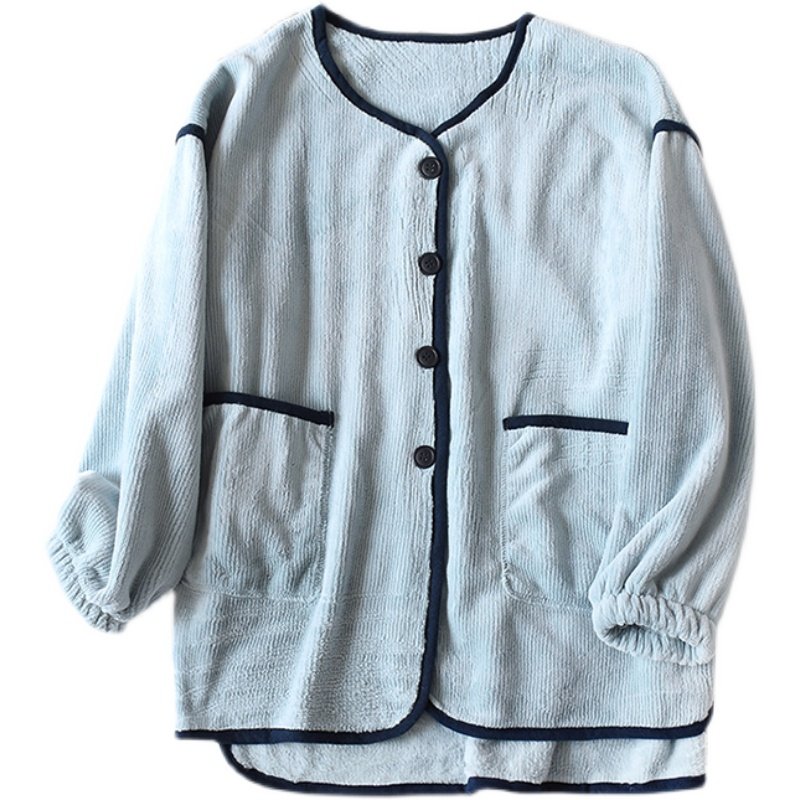 秋冬季条纹法兰绒开衫上衣珊瑚瑚绒加绒加厚睡衣睡衣上装