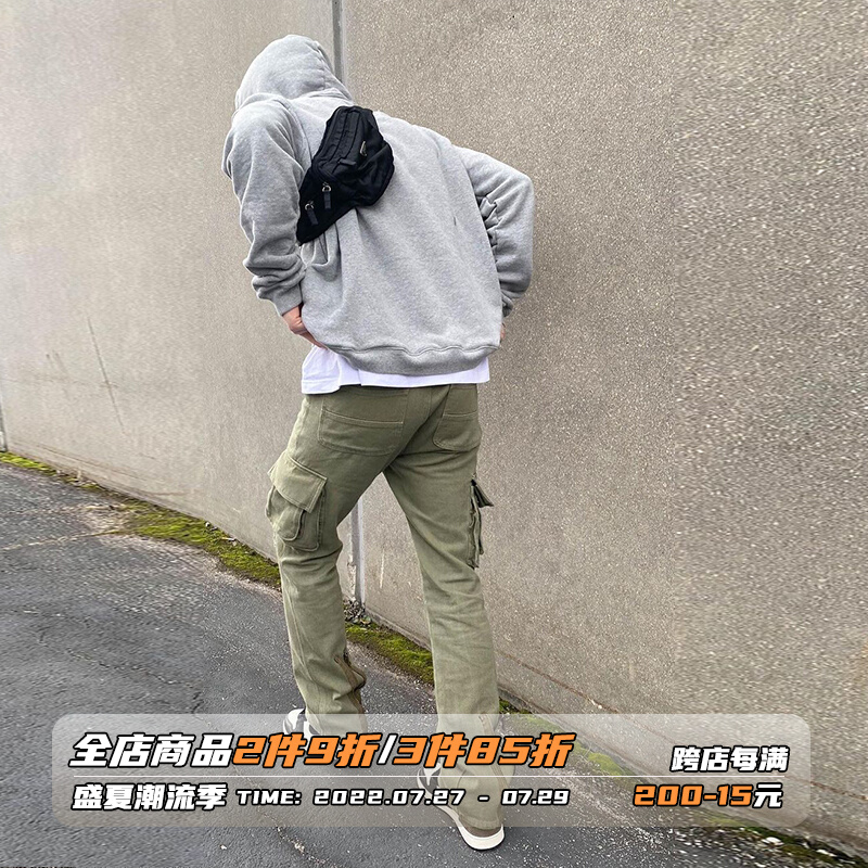 美式街头vibe军绿色伐木工装裤欧美高街直筒微喇叭裤子男休闲长裤