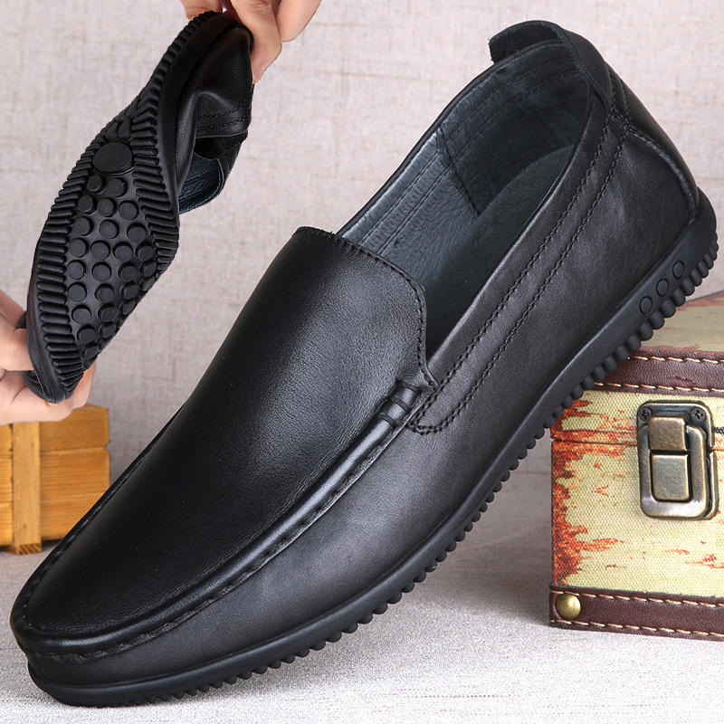 休闲皮鞋男夏季透气薄款一脚蹬男头层牛皮男鞋软底男士豆豆鞋真皮