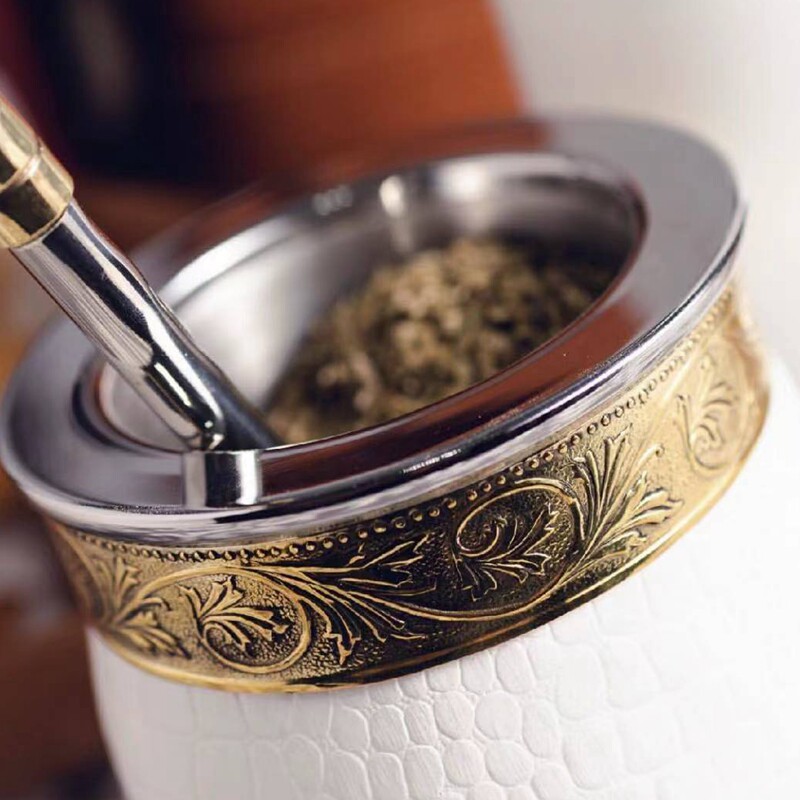 阿根廷原装进口不锈钢内坦大容量牛皮印花外包马黛茶专用茶杯