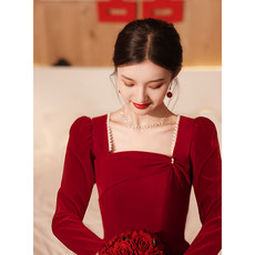 敬酒服新娘2022新款酒红色平时可穿连衣裙丝绒答谢宴礼服订婚回门 敬酒服新娘2022新款酒红色平时可穿连衣裙丝绒答谢宴礼服订婚回门
