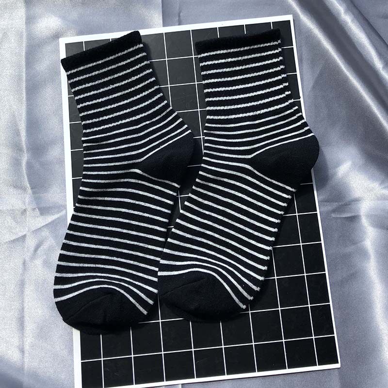 黑白条纹袜子女纯棉秋冬中筒韩国学院ins潮日中筒袜