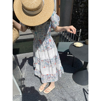 ສະບາຍດີ Canon French style printed tuck pleat dress women's summer new high waist slim puff sleeve A-line long skirt
