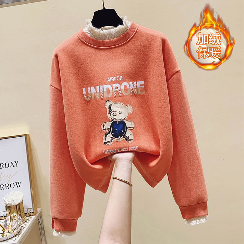 加绒加厚时尚卫衣女2021年秋冬新款宽松韩版假两件长袖打底衫女装