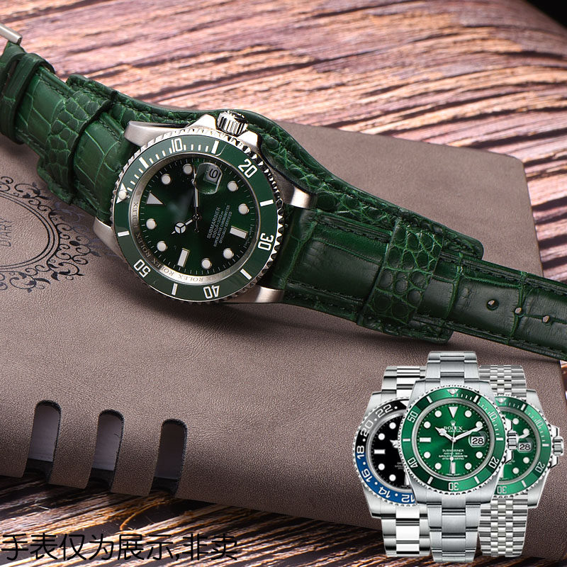 表带绿水鬼适配劳力士潜航者型迪通黑水鬼鳄鱼绿色配件