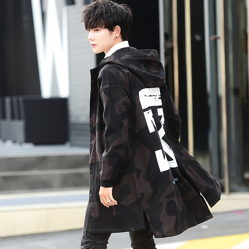 外套男春秋季韩版潮流帅气宽松休闲中长款夹克迷彩风衣男士褂子