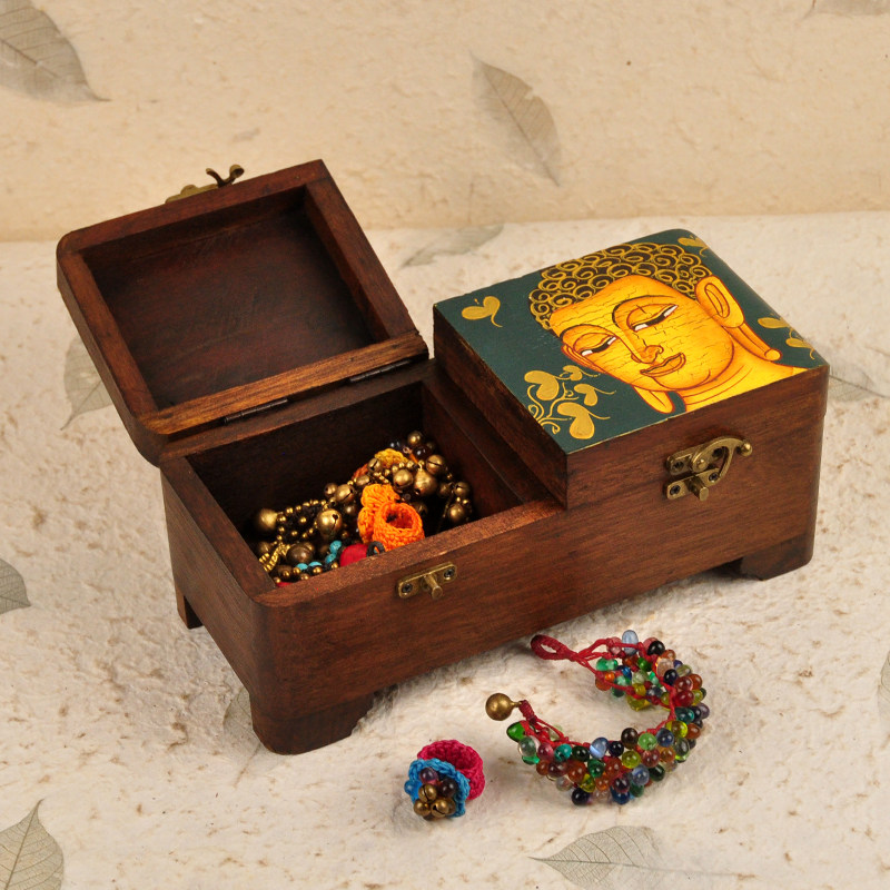彩绘佛脸单层长形首饰盒泰国原产柚木手绘饰品盒筷真喜新款包邮