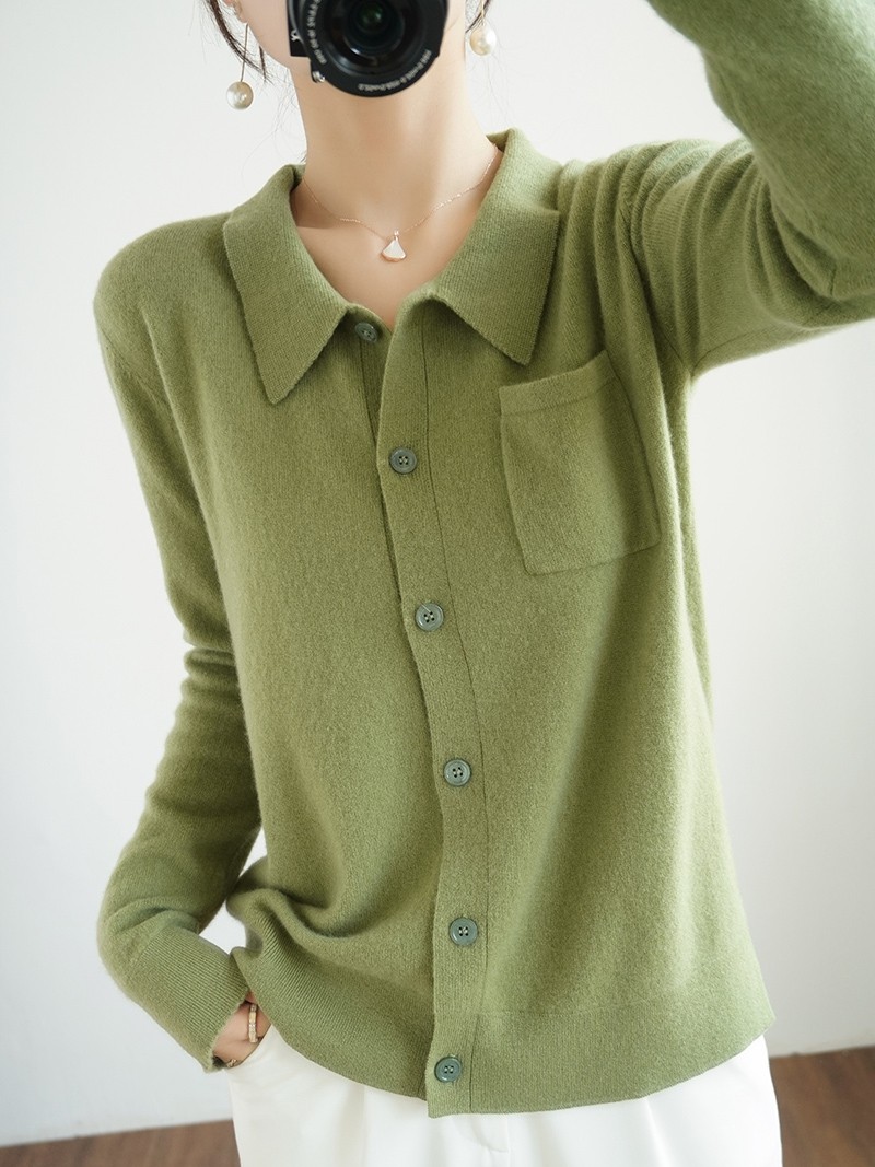 秋冬新款纯羊羊毛衫polo领开毛衣针织织带兜韩版毛针织衫