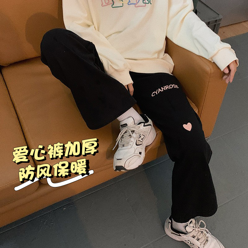 青蔷薇爱心黑色直筒休闲裤女加绒春秋冬新款学生百搭宽松显瘦裤子