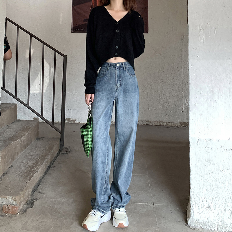 直筒牛仔裤女2021年新款宽松小个子春秋阔腿高腰复古加绒裤子秋冬