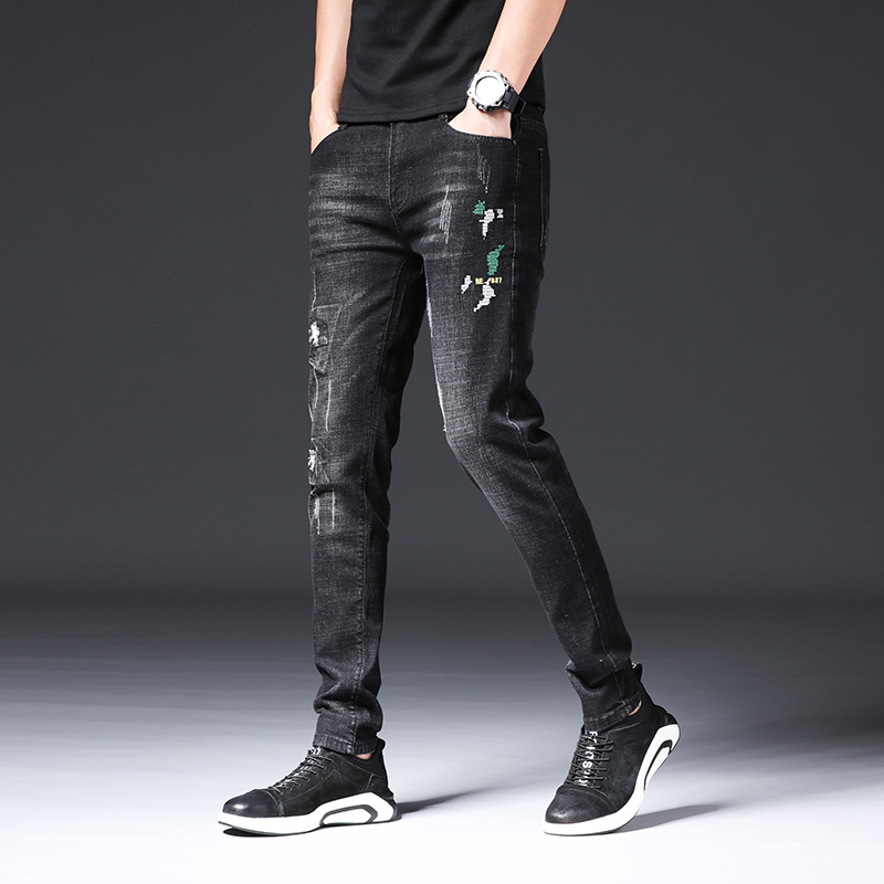 青年高端刺绣牛仔裤男士潮牌修身弹力小直筒网红韩版长裤春秋款