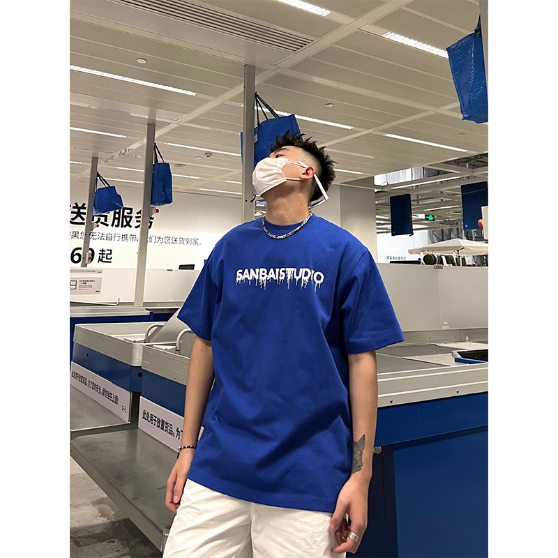 SANBAI 叁佰短袖T恤男生字母滴胶体恤新款潮牌320g重磅情侣半袖夏