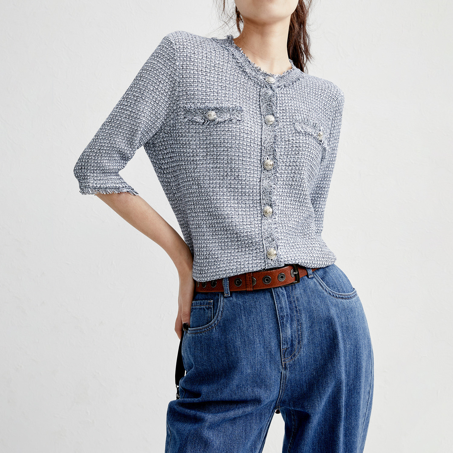 戎美zz0301715春夏风花干爽针织开衫套头衫中毛针织衫