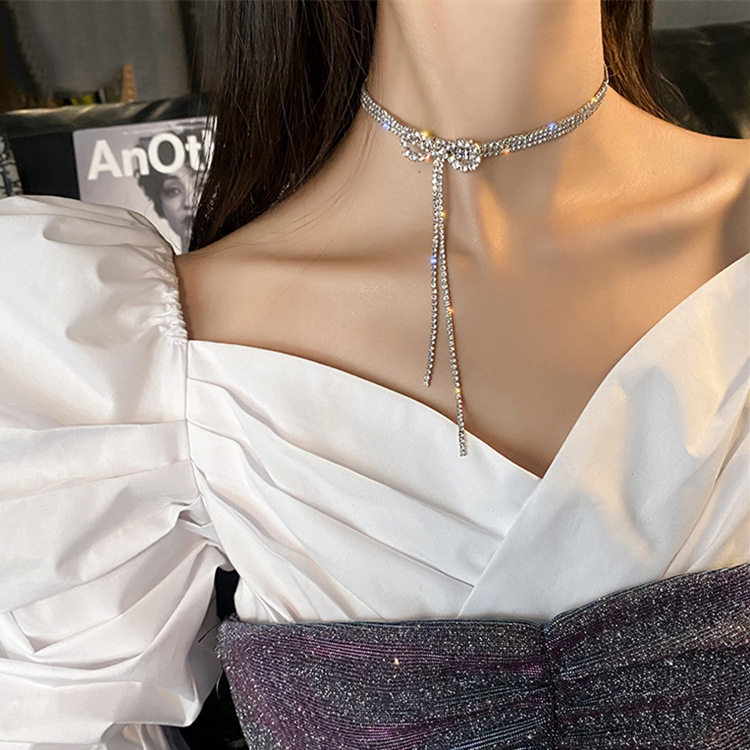 蝴蝶结项链锁骨水钻流苏简约法式气质颈链choker项链
