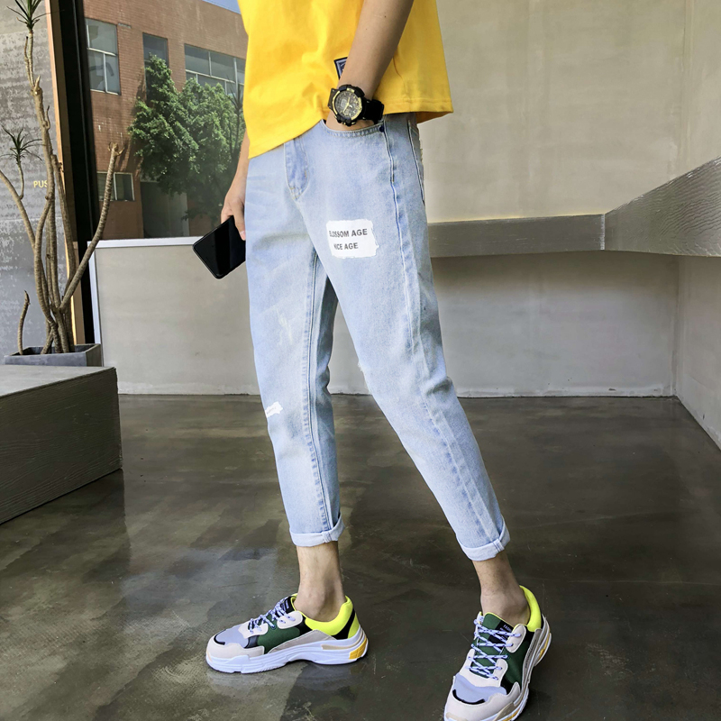 秋冬港风新款破洞九分牛仔裤男修身韩版小脚乞丐9分宽松裤子潮流