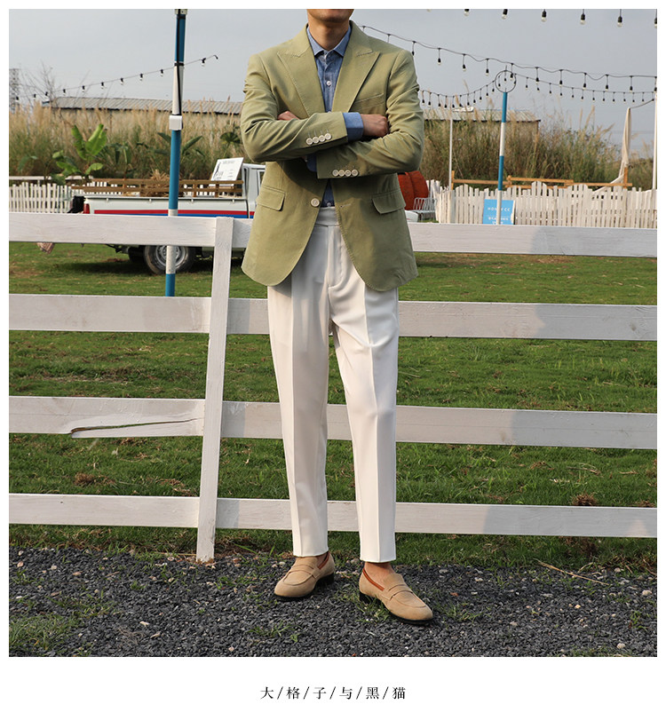 biggezi 小清新浅绿色 舒适透气高品质亚麻修身休闲时尚绅士西服