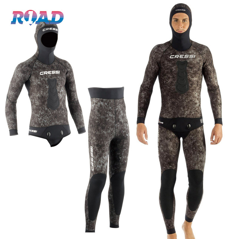 cressitracina自由潜水服迷彩伪装猎鱼衣弹性分体款湿衣357mm