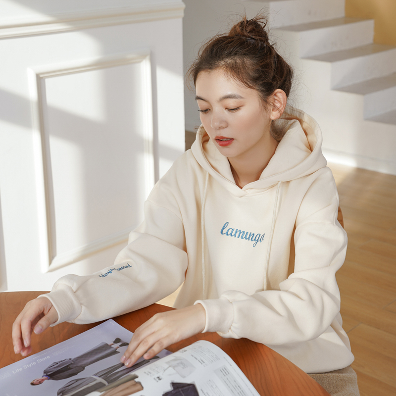 2021新款卫衣女秋冬连帽chic杏色加绒bf宽松S码韩版小个子潮上衣