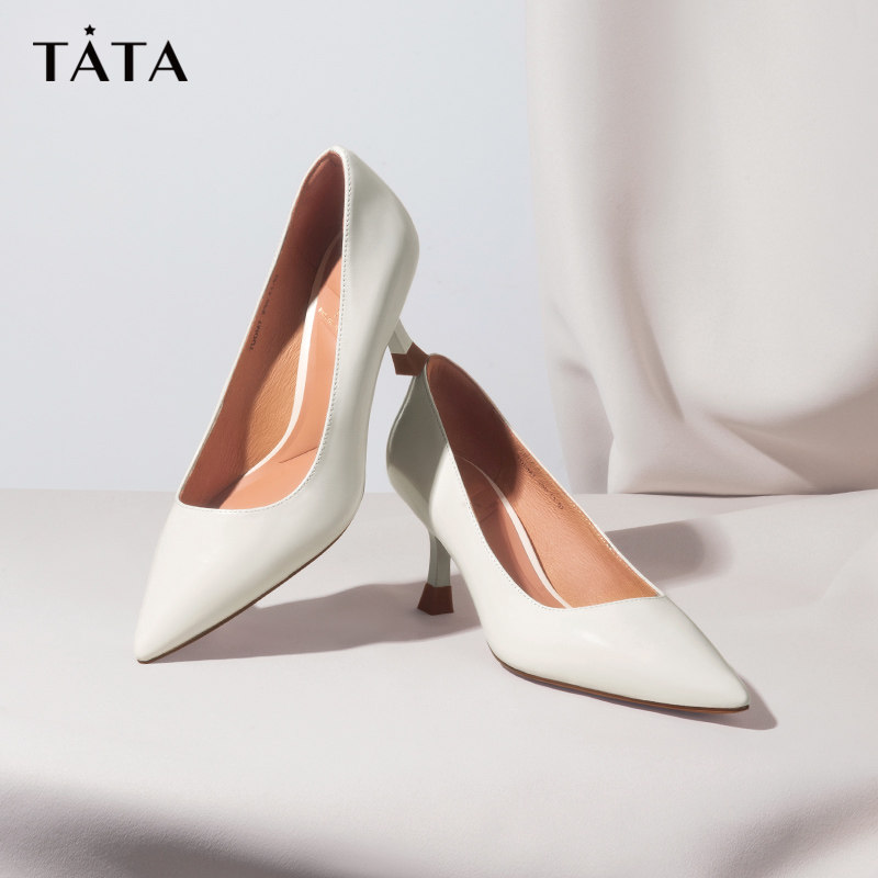 tata他她2022秋季新款时尚纯色尖头高跟鞋浅口单鞋