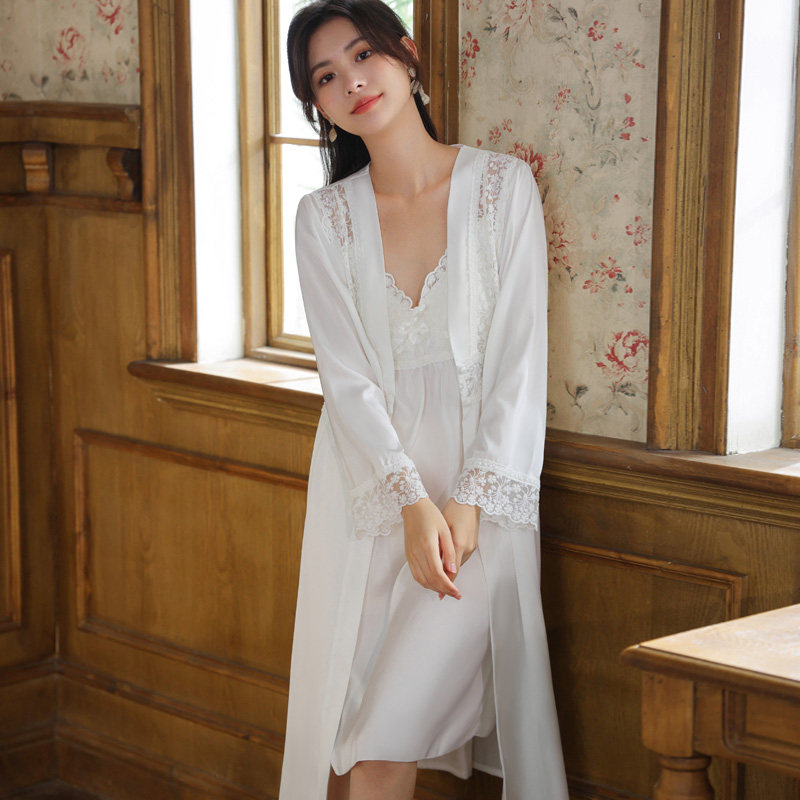 长袖睡袍女仿真丝睡裙两件套宫廷复古风睡衣胸垫外穿家居服套装秋