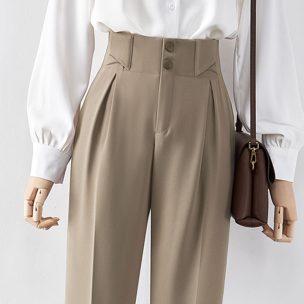 卡其色高腰西装裤子春秋2022年新款女士直筒小脚九分休闲裤小个子