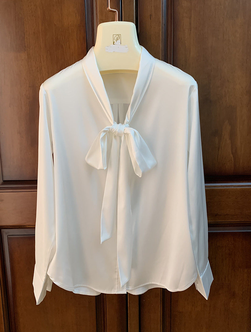 新款重磅真丝衬衫长袖优雅宽松百搭时尚飘带衬衫