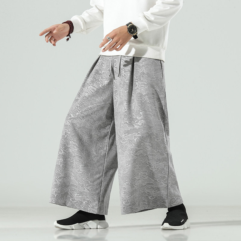 秋季复古中国国风暗纹印花阔腿裤宋裤男超大休闲裤