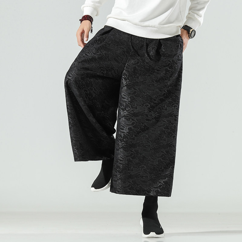 秋季复古中国国风暗纹印花阔腿裤宋裤男超大休闲裤