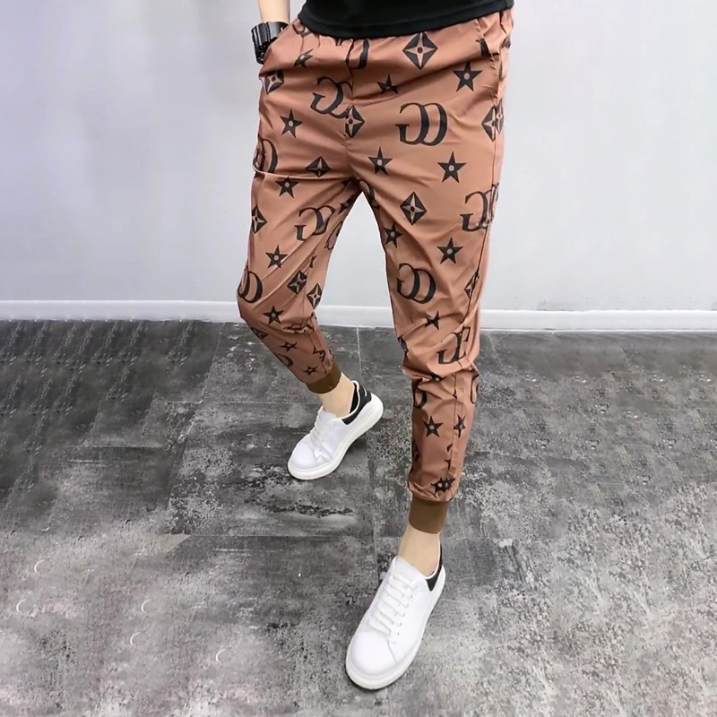 潮牌九分小脚裤男网红同款修身印花修身社会精神小伙束脚裤子潮流