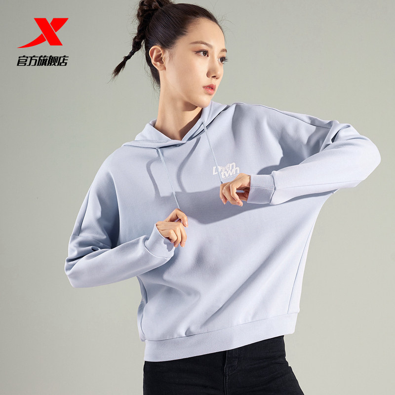 特步女卫衣女套头连帽春秋新款休闲运动上衣外套运动卫衣