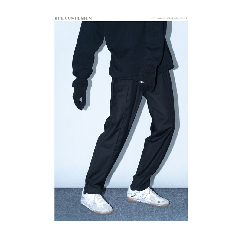 PALETTEEEE CON AW.P1 精纺手工裤线休闲西裤男宽松弹力黑色长裤