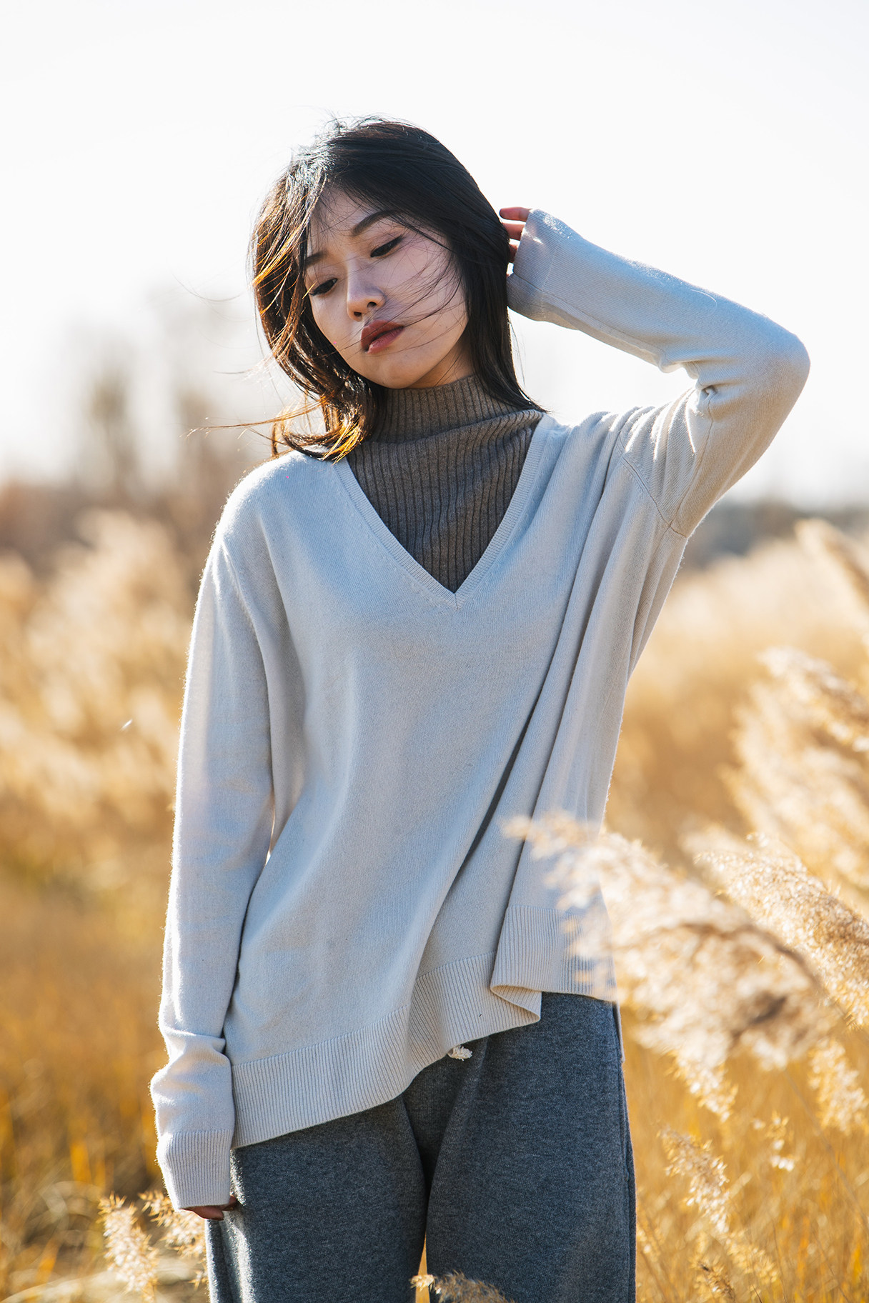 法国客户cashmere针织羊绒宽松侧开套头毛衣绒衫毛衣