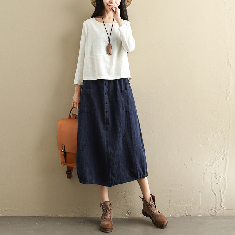 棉麻亚麻藏青文艺森女学生长裙半身中长宽松半身裙