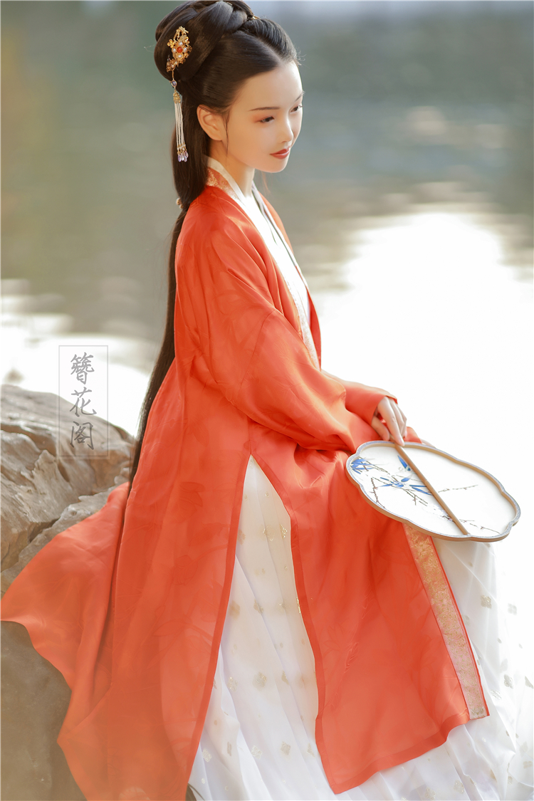 蜜橘簪花阁汉服定制桔色真丝生丝暗花纱褙浅交汉服