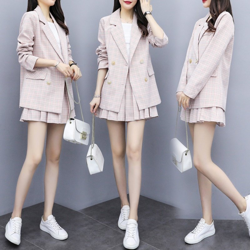 春秋女网网红小香风百褶裙套装气质西装外套短裙时尚套装