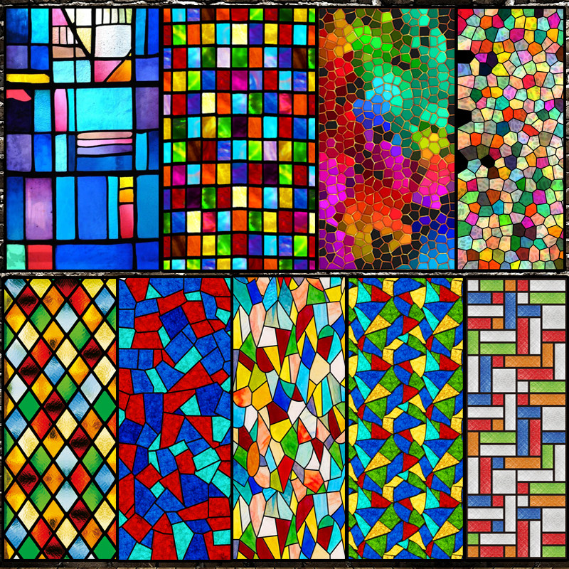 欧式复古教堂彩色玻璃贴纸静电磨砂玻璃贴膜衣柜卫生间窗户花贴纸