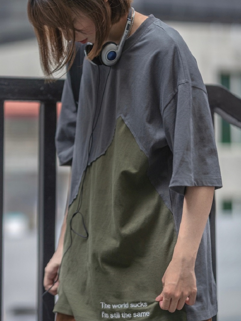 夏季日系复古拼色短袖t恤男女上衣宽松百搭纯棉圆领ins潮牌情侣装