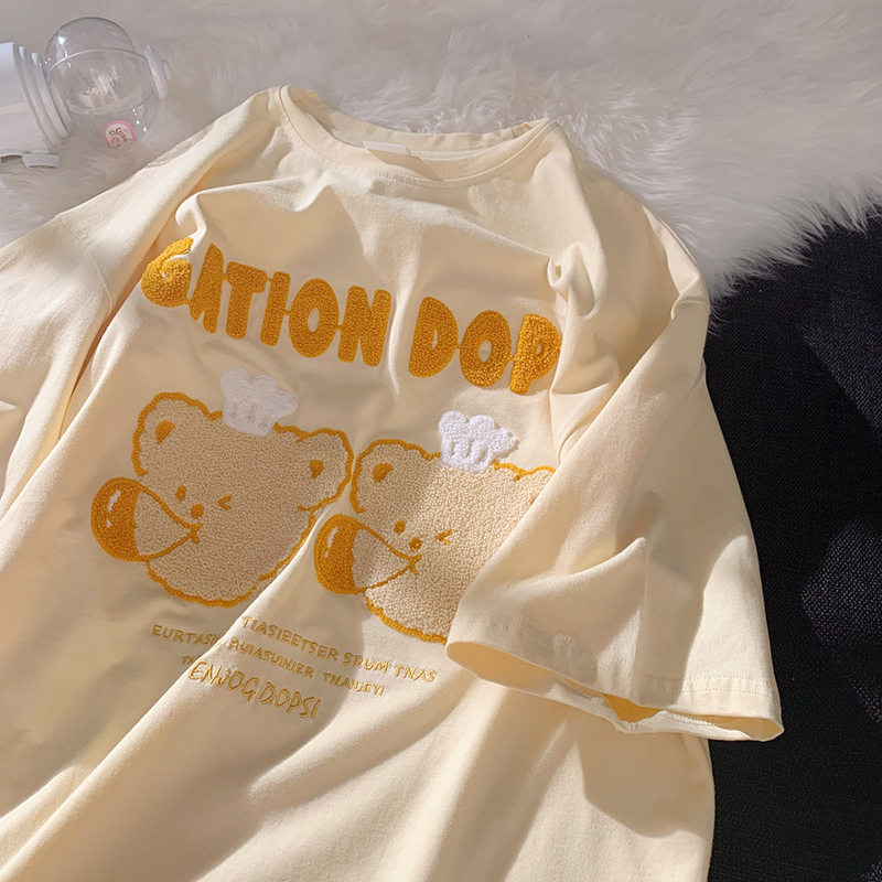 奶黄色短袖T恤女2021夏季可爱卡通小熊学生宽松半袖vintage上衣服