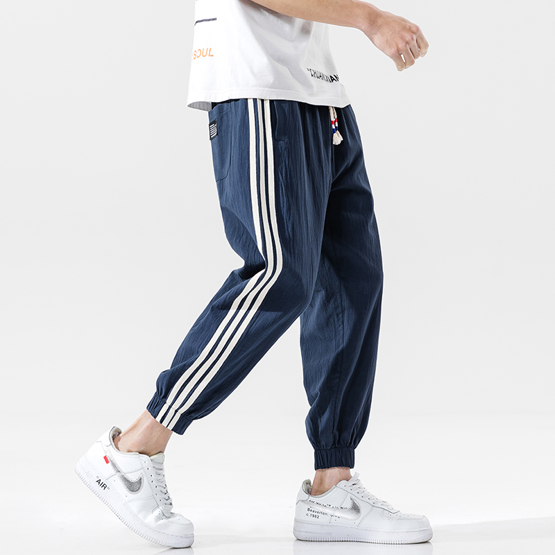 日系条纹亚麻裤子男士夏季薄款胖子大码休闲运动裤潮流韩版九分裤