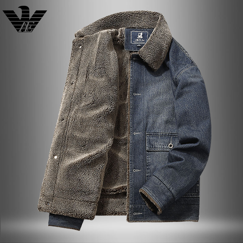 美国老鹰AE加绒牛仔外套男冬装2022新款美式休闲复古羊羔毛棉衣服